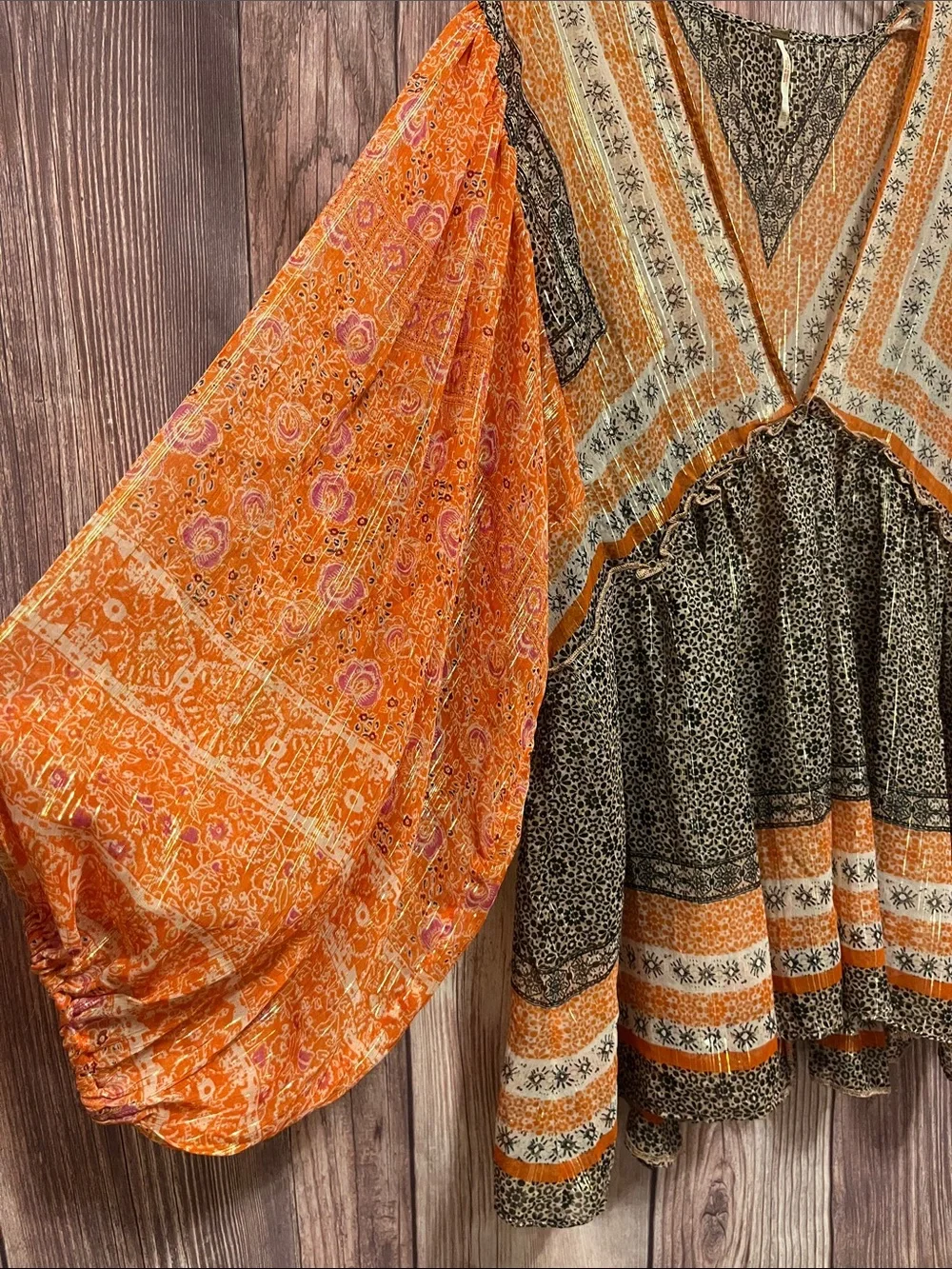 Free People Aliyah Orange Printed Boho Tunic with Balloon Sleeves